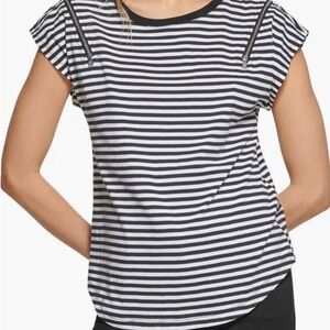 DKNY Black and White Striped Short Sleeve Top